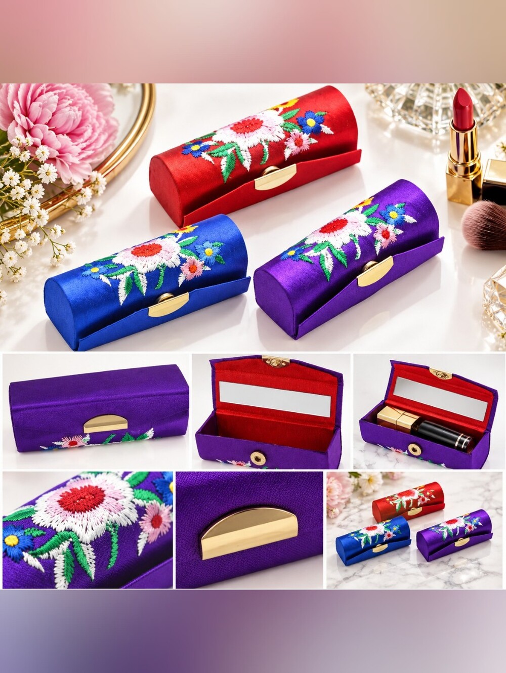 New 3pcs Vintage Embroidered Silk Satin Lipstick Cases w Mirrors Purple Asian
